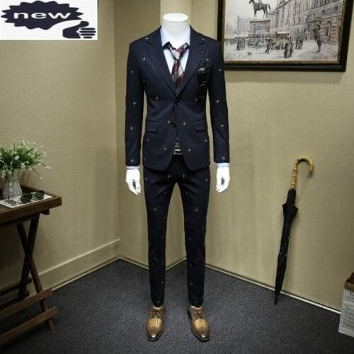 High Quality Personlity Embroidery Host Gown Striped Mens Suits Slim Fit Formal Wedding Dress Business Three Piece Sets