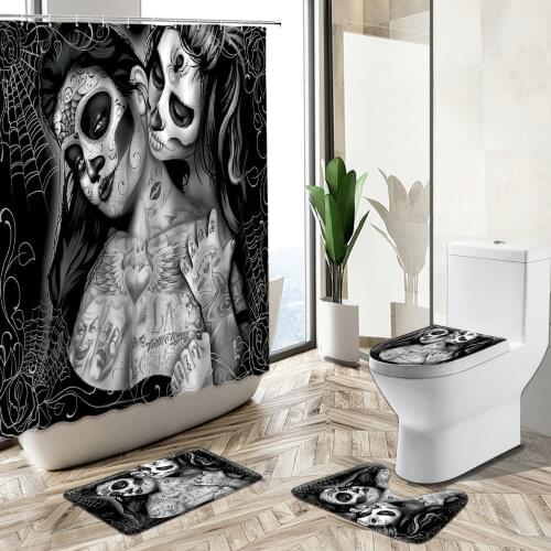 Sugar Skull Shower Curtain Mexican Sexy Woman Tattoo Halloween Home Deco Bath Mat Toilet Cover Flannel Bathroom Carpet Set Gift