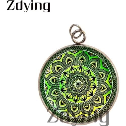 Zdying Stainless Steel Green Mandala Pattern Pendants Glass Cabochon Flower Photo Dome Charms Necklace Jewelry Accessories HM101