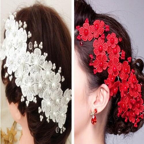 Red White Wedding Hair Jewelry For Women Handmade Lace Flower Pearl Headbands Bridal Hairwear Accessories