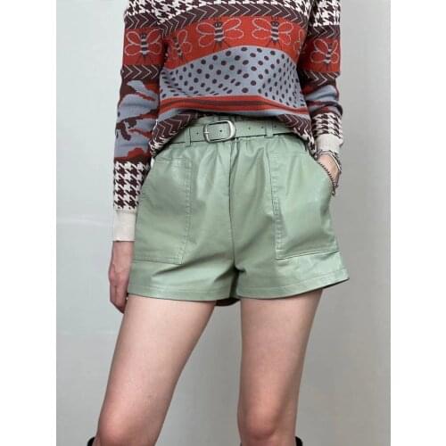 2020 Belt Korean Style High Waist Pu Leather Shorts Womens Autumn Winter Booty Shorts