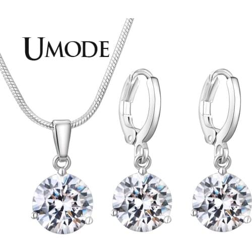 UMODE New Fashion Round Pendant Necklace and Earrings Sets for Women Blue Pink Red Green Zircon White Gold Jewelry AUS0081