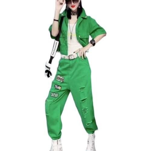 2021 Summer New Loose Versatile Personality Short-sleeved Jacket + Ripped Patch Casual Pants Suit Womens Fashion Two-piece Suit