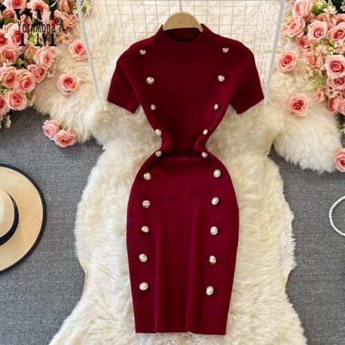 YornMona Women Dress Summer Double-breasted Elegant Bodycon Dress Female Short Sleeve Knitted Shorts Dress Office Lady Vestidos