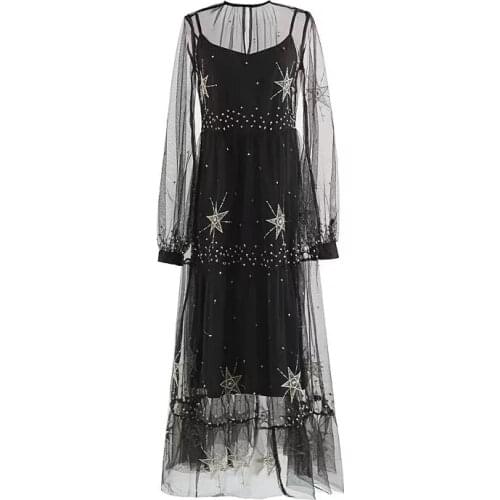 Vestido Longo Rushed Vestido De Festa 2018 Summer New Star Embroidery Five-pointed Long-sleeved Perspective Mesh Dress Female