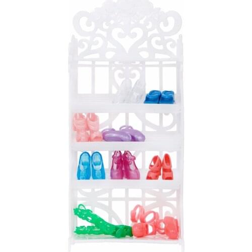 2 Items = 1x White 5 Layer Shoes Rack Dollhouse Shoe Cabinet + Random 12x Mixed Style Shoes for Barbie Doll Accessories Kids Toy