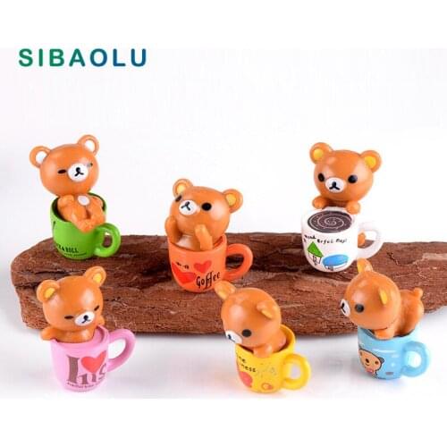 6pcs Brown Bear in Coffee Cup Figurine Cartoon Animal Model Diy Home Decor Miniature Fairy Garden Decoration Accessories Modern