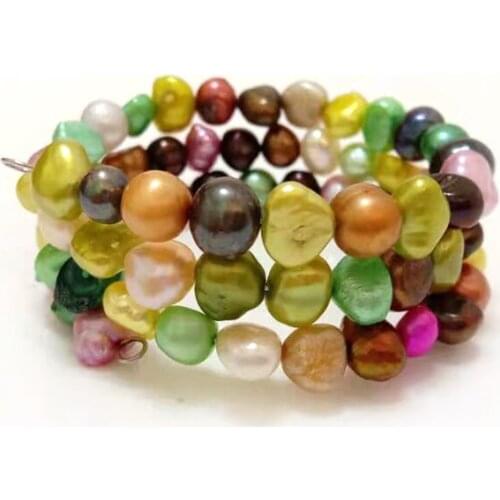 7.5-8 inches 8-9mm Rainbow Natural Baroque Nugget Pearl Memory Wire Bracelet