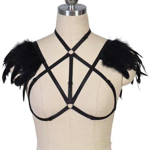 Black Goth Feather cage bra elastic adjust Bondage Body Harness belt burningman festival rave wear Feather shoulder Epaulettes