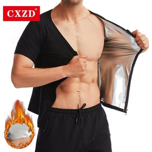 CXZD Waist Trainer Slimming Silver ion coating for Men Short sleeve Tops with Zipper Fitness Sweat Sauna Suits Body Shapers