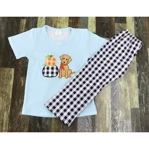 Childrens boutique clothes Cute dog embroidered pumpkin black and white check pantsuit