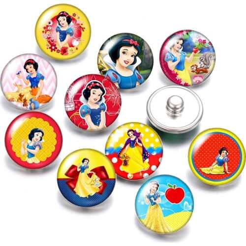 Disney Princess Snow white 10pcs Round photo glass cabochon 18mm snap buttons for 18mm snap bracelets jewelry wholesale