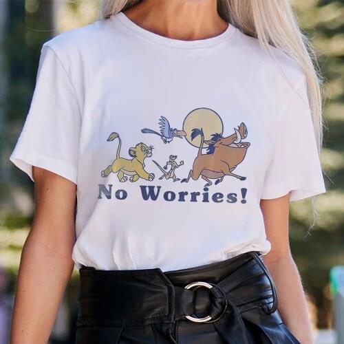 Disney The Lion King NO WORRIES Tshirt Women Simba Timon Pumbaa Printed Cartoon Unisex T shirt Summer Casual Streetwear