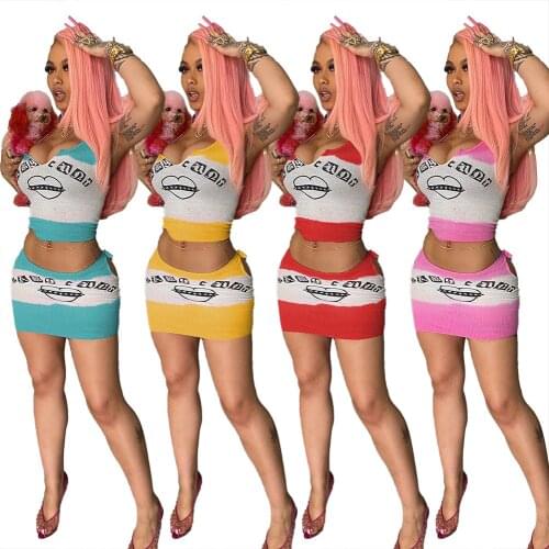 Echoine Women lovely Print Two Piece Outfits Set Crop vest Tops and Bandage Mini Skirts Sexy Club Night Party Matching Outfits