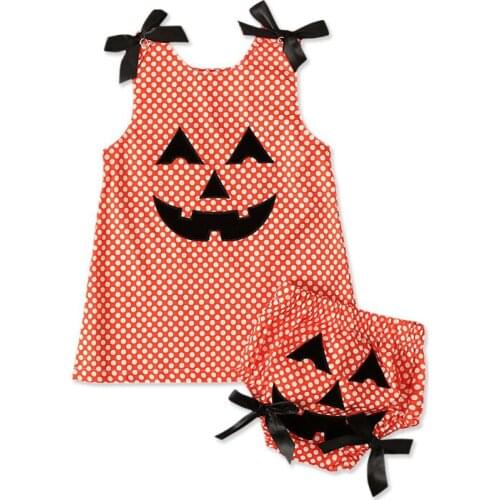 Girls Kids Halloween Horror Ghost pumpkin Print Costume Baby Child 2 Piece Set Scary polka dot bow-knot Vest Tops+Short Pants