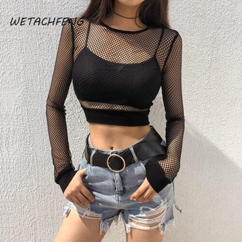 Fashion Y2k Fishnet Women T Shirts Sexy Black Crop Top Hollow Out See-though Summer Streetwear Goth Transparent Tee Tops Clothes