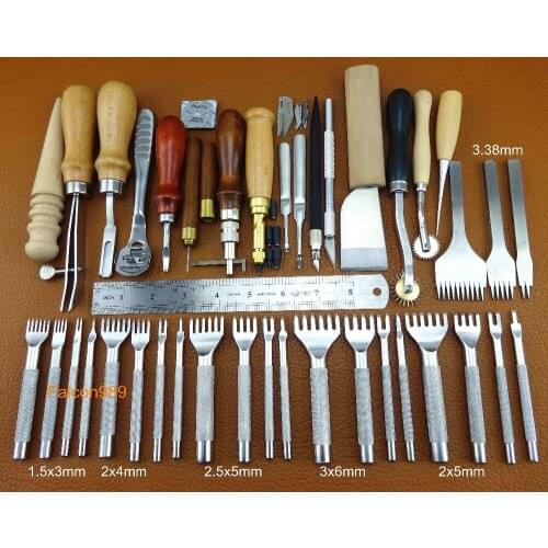 40pcs Leather Craft Sewing Stitching Groover Creaser Punch Beveler Skiving Edger Slicker Tool Set Kit Carving Stamping Knife Awl