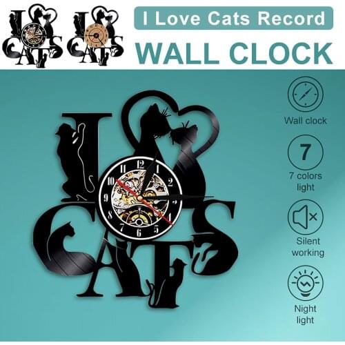 I Love Cats 3D Wall Clock Vintage LED Vinyl Clock Kitten Art Silent Unique Decorative Clock 3D Hanging CD Wall Clock Home Decor