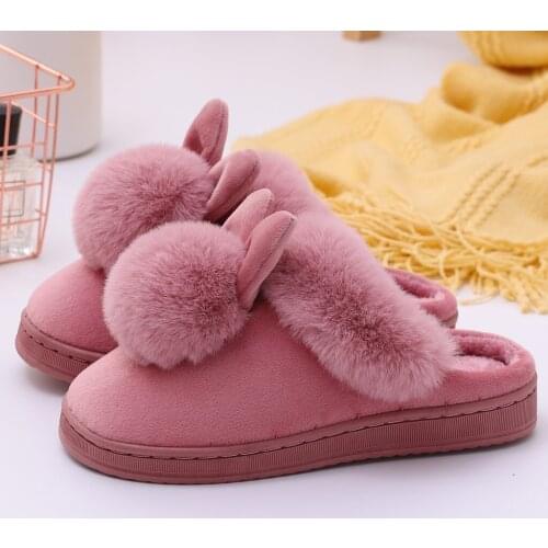 New Women Slippers Furry Rabbit Ears Plush velvet Snow Female Slipper Indoor Home Shoes Flock Ladies Soft Comfort Footwear Pink