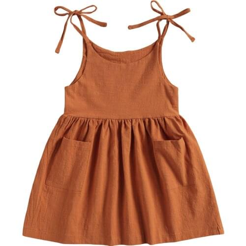 2-5 Years Toddler Girls 2021 Summer Slip Dress, Baby Girl Casual Sleeveless Solid Color Tie Up with Pocket