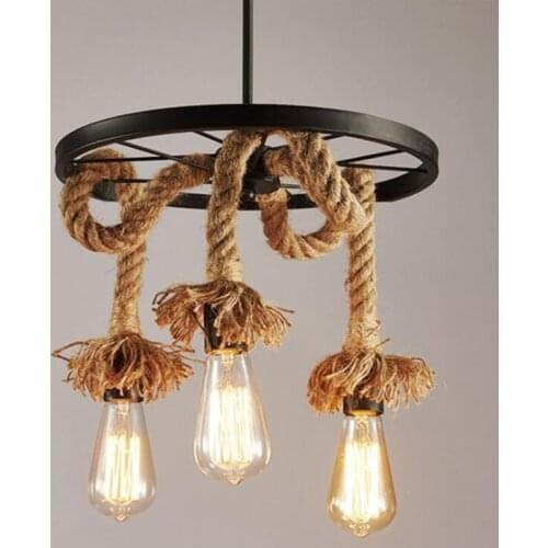 Industrial Wind Loft Black Wheels Hemp Rope Pendant Light LED Edison Vintage Hanging Lamp Pendant Lighting Home Decor Fixtures