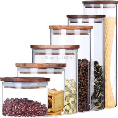 Transparent Heat-resistant Glass Bottle Sealed Jar High-grade Acacia Clear Container with Wooden Lid Kitchen Food Storage Tank