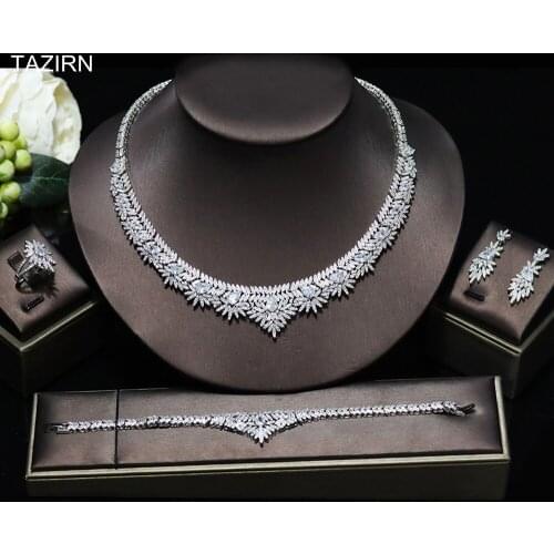 Luxury 3A Cubic Zirconia Jewelry Set Arabic Dubai CZ Necklace Earrings Bracelet and Ring for Women 4Pcs Wedding Bridal Jewelry