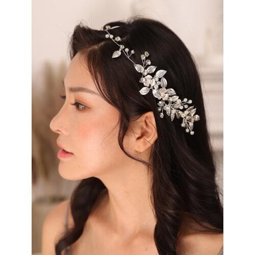 Silver Wedding hair accessories Leaf Pearl Rhinestone Flower hair jewelry bridal headband ornaments Head Jewelry for Women