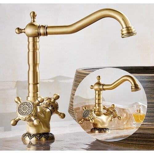 Basin Faucet Antique Bronze Carved Dual Handle Faucet Hot & Cold Sink Faucet Mixer Kitchen Tap Bathroom Faucet Lavatory Mixer