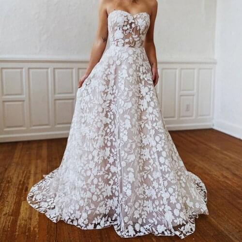 Boho Wedding Dress 2020 A Line French Lace vestidos de novia Sweetheart Neck Sleeveless Court Train mariage Bridal Gowns