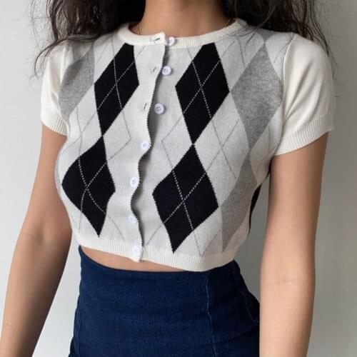 TVVOVVIN Crew Neck Short Sleeve Slim Knitted Sweater Korean Fashion Argyle Pattern Contrast Open Navel Cardigan Tops 7UIY