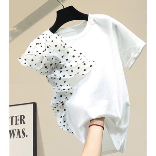 Stitching polka dot cotton black and white Hong Kong style t-shirt female ins super fire 2021 new Korean version loose