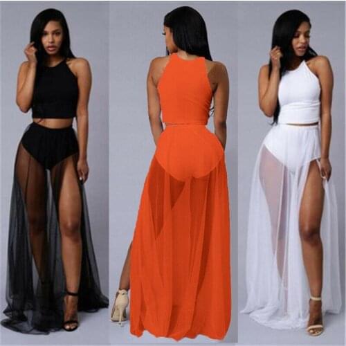 Women High Waist Mesh Skirts Solid Transparent Chiffon Maxi Long Skirt Empire See Through Sheer Side Split Skirt Summer 2021