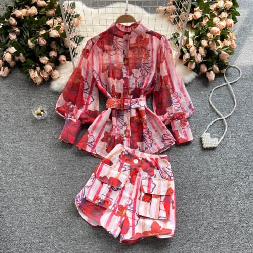 Spring Autumn High Street Suit For Women Long Sleeve Print Loose Shirts + Pocket Short Pants With Belt Two Piece Set Outfit