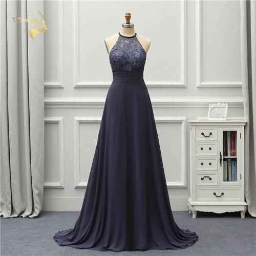 Jeanne Love Lace Long Evening Dress Halter Open Back Prom Gowns Navy Blue Robe De Soiree Vestido De Festa