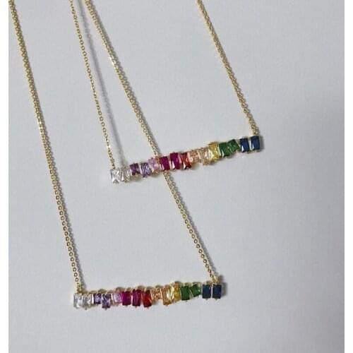 Gold Filled Rainbow Bar Necklace Multicolor Baguette Conbic Zirconia Choker Necklaces For Women Jewlery arcoiris collares largos