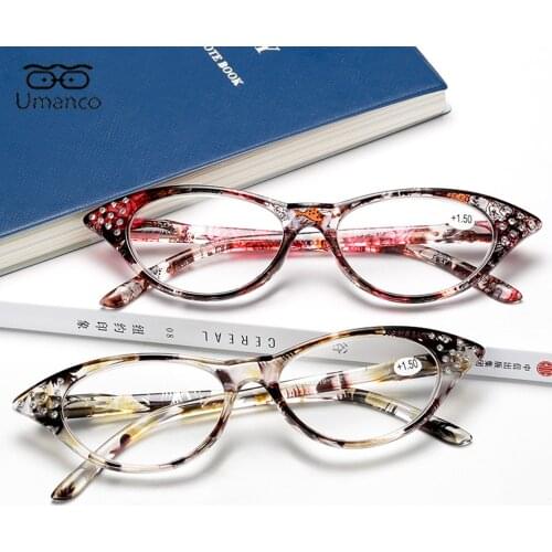 2021 Fashion Cat Eye Reading Glasses for Women with Rhinestone Luxury Patterned Print Plastic Frame Block Blue Light Eyeglasses