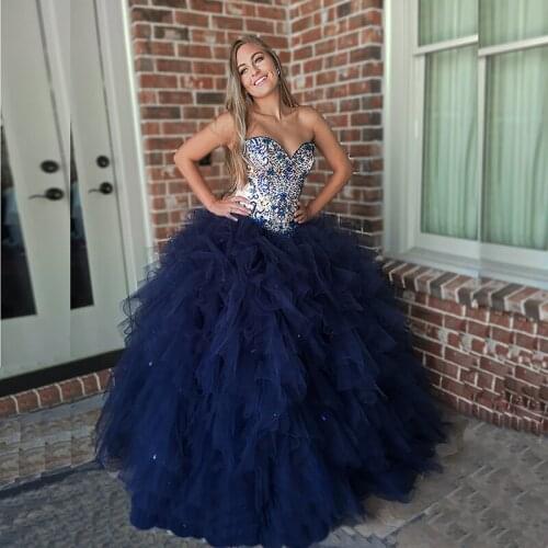 2021 Charming Navy Blue Ball Gown Prom Party Dresses Sweetheart Lace Up Back Beading Bodice Wedding Party Gowns Tiered Ruffles