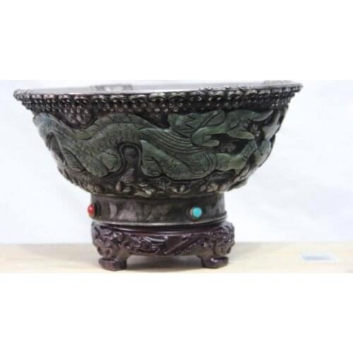 3.7 Tibet Nobility Green Jade Silver Lucky Wealth Two Dragon Paly Bead pot Bowl