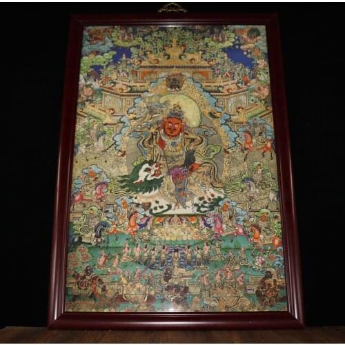 37" Tibet Buddhism Temple Old Mahogany framed kraft paper thangka Painted Learn more about the Buddha statue Thangka Hang screen