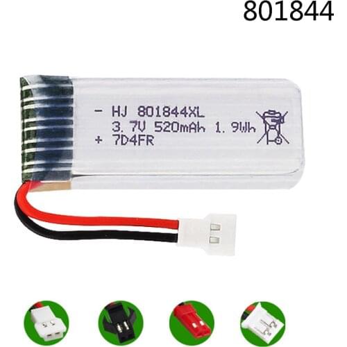 3.7V 520mah 801844 rc Lipo Battery for Hubsan H107P 801844 25c 1.9Wh Battery for H107P RC Camera Drone Accessories XH2.54/SM/JST
