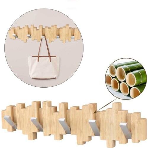 Bamboo Wall Coat Rack Coat Hooks 5 Metal Hooks Hats Entryway Hallway Hanger Heavy Duty