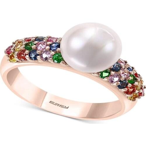 BAOSHINA Rose Gold White Pearls Ring For Women Girls Sweet Colorful Zircon Rhinestone Female Wedding Ring Jewelry Accessories