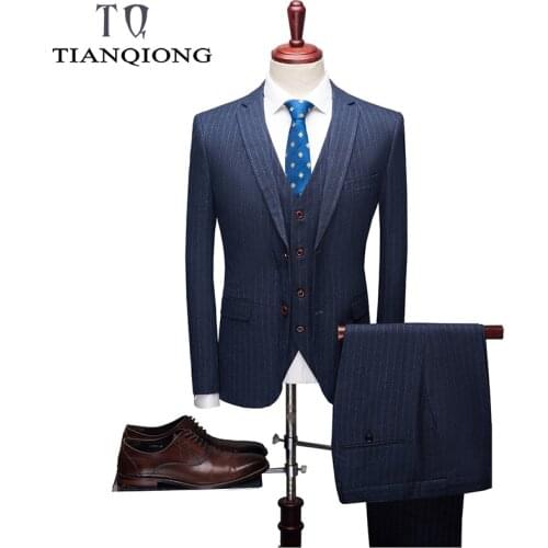 TIAN QIONG Brand Striped Suit Gary Blue Wedding Suits for Men 3 Pieces Terno Masculino Slim Fit 3XL 4XL Costume Homme Mariage