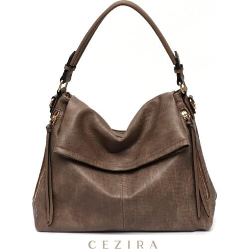 CEZIRA PU Vegan Leather Women Large Shoulder Bags Casual Slouchy Hobo Handbags Tassel Zip Female Daily Tote Crossbody Flap Purse