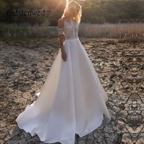 Gardenwed Boho Lace Wedding Dresses Halter Illusion A Line Bridal Gowns Long Satin Wedding Gowns
