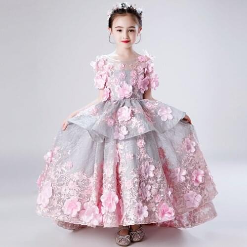 Kids Pageant Evening Dress Flower Girl Handmade Gown Children Weddings Birthday Party Dresses For Girls First Communion Robe