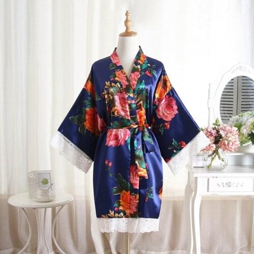 Womens Navy Blue Kimono Bathrobe Faux Silk Flower Print Robe Gown Sweet Lace Trim Nightgown Spring Summer Casual Sleepwear