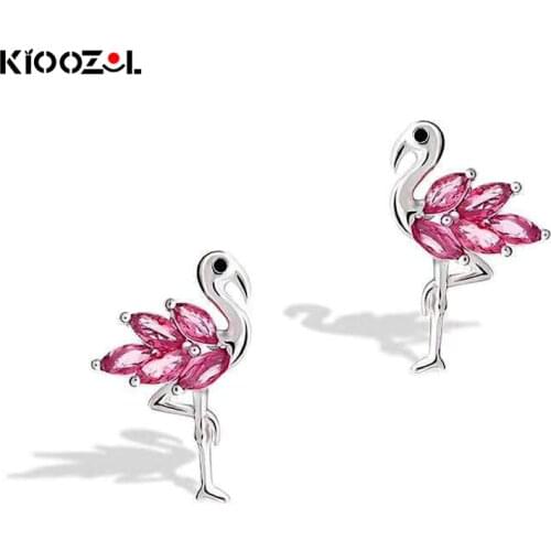 KIOOZOL Elegant Flamingo Pink White Feather Silver Color Stud Earrings For Women Animal Style Hot Jewelry Accessories 258 KO3