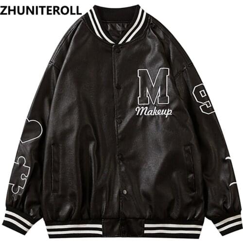Harajuku PU Leather Jacket Men Embroidery Heart Letter Bomber Fashion Button Baseball Coats Streetwear High Street Tops Clothing